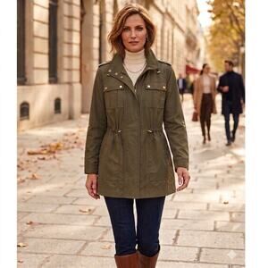 Michael Kors MK Drawcord Snap Zip Utility Anorak Jacket Olive Green Size Small